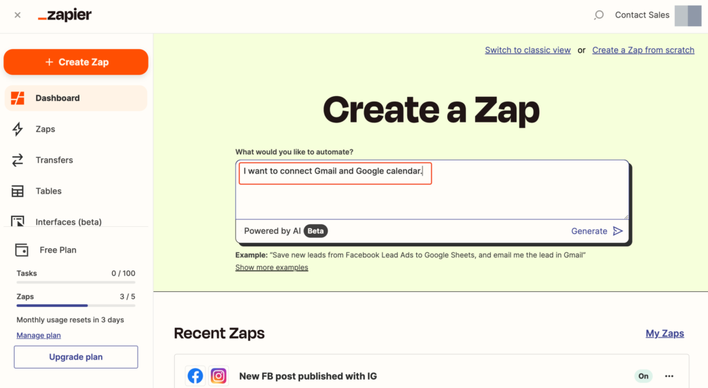 I want to connect Gmail and Google calendar by zapier