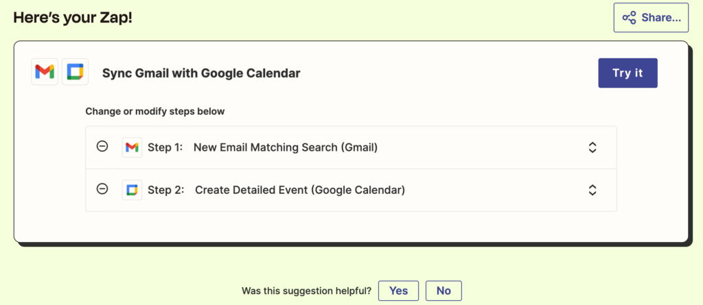 I want to connect Gmail and Google calendar by zapier 2 1