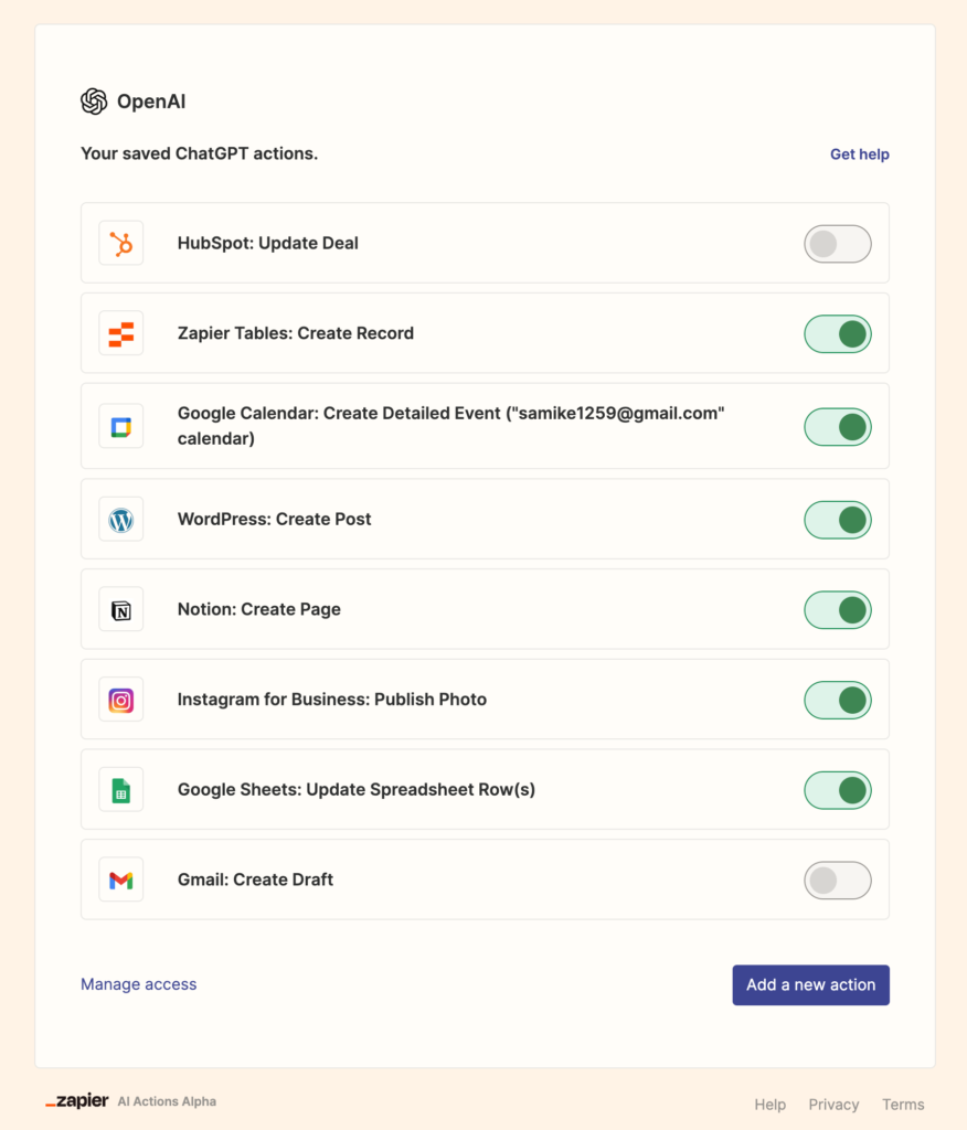 ChatGPT action setting with zapier
