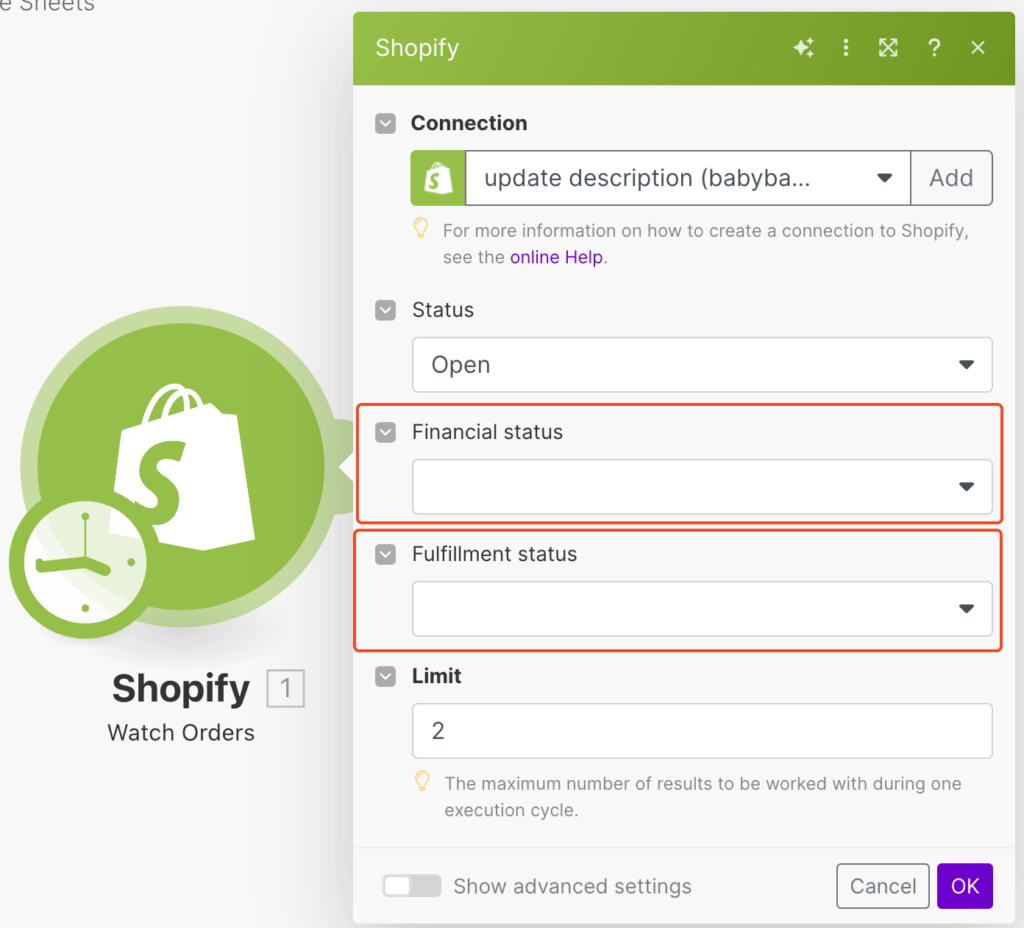 make.com 當中的 shopify trigger 設置為 watch order，裡頭還有一些細節要注意