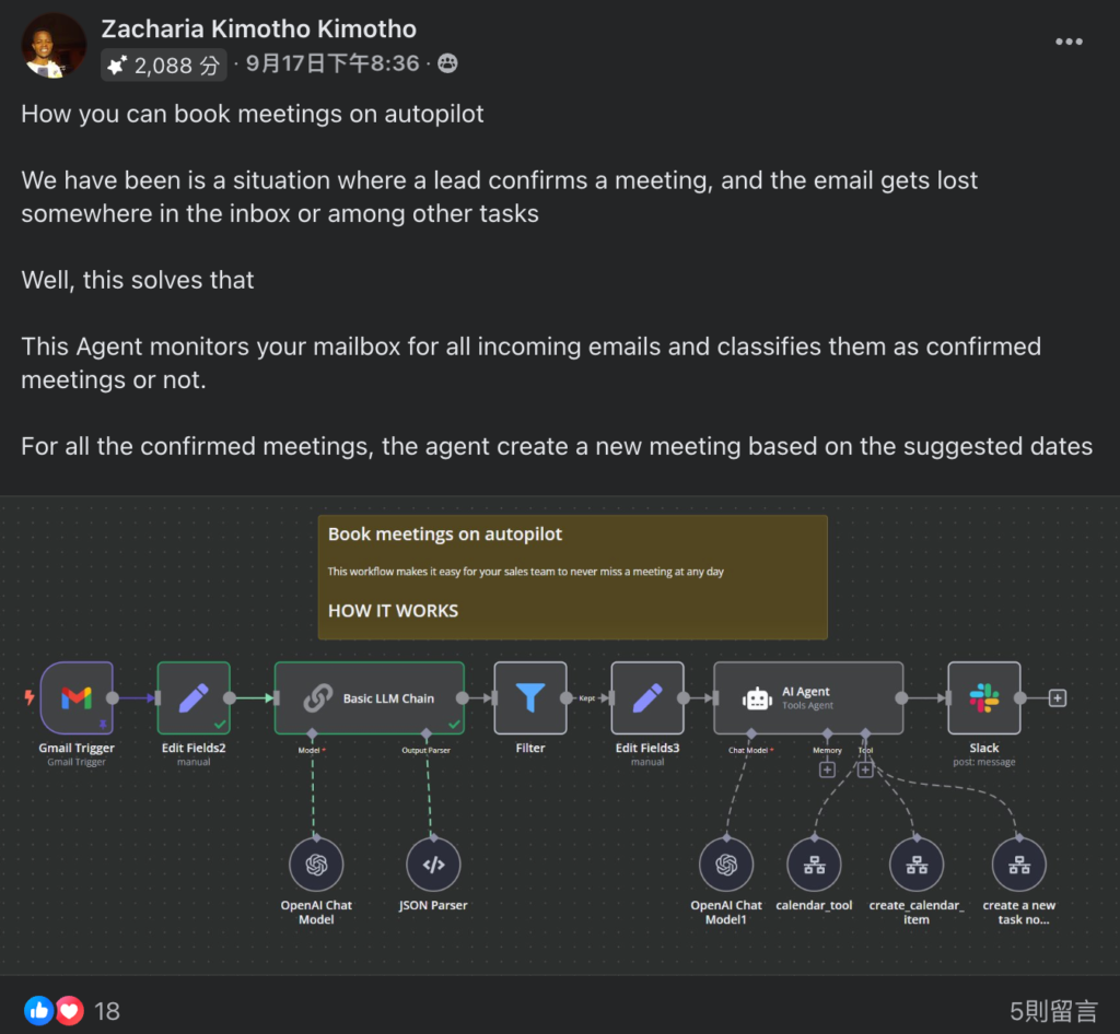 Zacharia Kimotho Kimotho 是一位在 n8n 社團當中非常活躍的專家。上圖爲他使用 gmail 觸發預約會議後在 slack 當中進行通知。